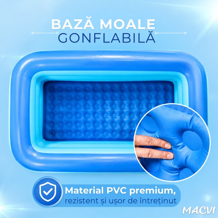Piscina gonflabila Macvi® 150 x 102 x 50 cm, 3 inele, PVC rezistent, capacitate 84 L, pentru copii si adulti, model tropical, albastru