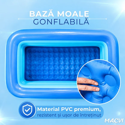 Piscina gonflabila Macvi® 150 x 102 x 50 cm, 3 inele, PVC rezistent, capacitate 84 L, pentru copii si adulti, model tropical, albastru