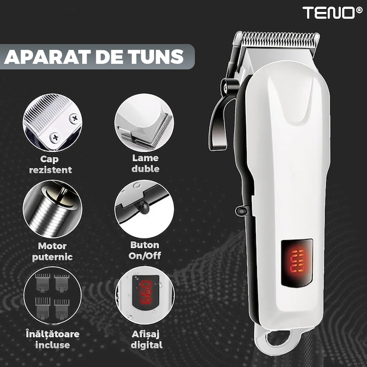 Aparat de tuns barba Teno®, afisaj digital, 4 piepteni inclusi, incarcare la retea, lame ascutite, usor de curatat, trimmer profesional, alb