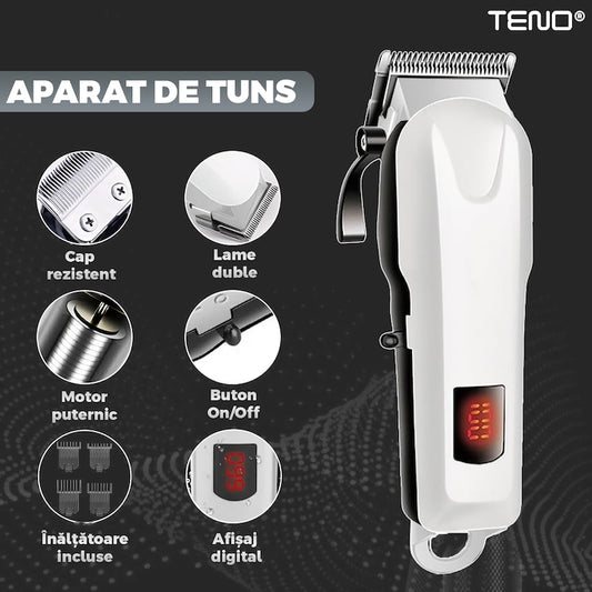 Aparat de tuns barba Teno®, afisaj digital, 4 piepteni inclusi, incarcare la retea, lame ascutite, usor de curatat, trimmer profesional, alb