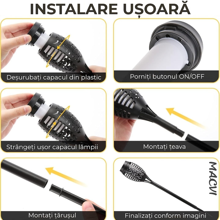 Torta Solara LED Macvi® 96 LED-uri, Efect Real de Flacara, Senzor de Lumina, Alimentare Solara, Rezistenta la Intemperii, Negru