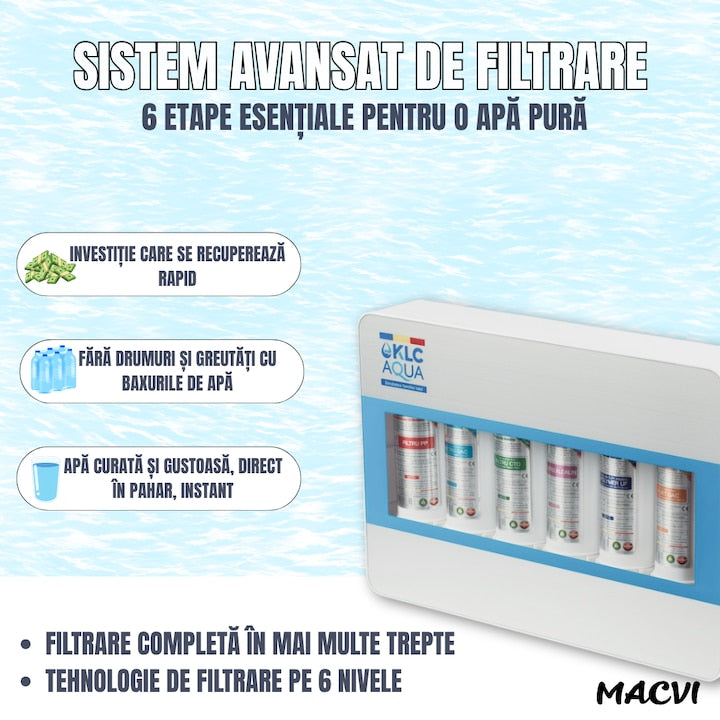 Filtru de apa No.1 Macvi®, statie de ultrafiltrare cu 6 trepte, alcalinizare 0.01 microni, capacitate 8000L, debit 2.5 l/min, montaj chiuveta