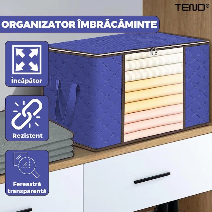 Cutie Depozitare si Organizare Teno®, pliabila, maner ranforsat si fereastra transparenta, pentru haine/paturi/ plapumi/ perne/ lenjerii de pat/jucarii, 84 L, 60x 40x 35 cm, albastru