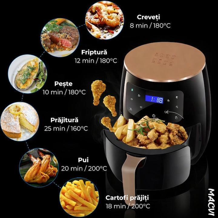 Friteuza cu Aer Cald Macvi®, Air Fryer, Filtru de Aer Integrat, 6 Programe, Putere 2400W, Control Temperatura, Cronometru Reglabil, Capacitate 6L