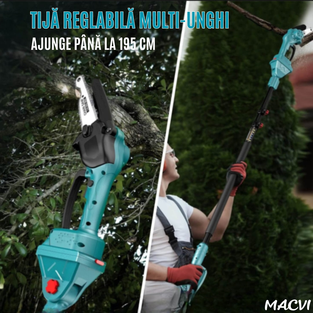 Set Macvi® Foarfeca Electrica si Drujba cu Brat Extensibil, Taiere Rapida si Usoara la Inaltime, Acumulator Inclus