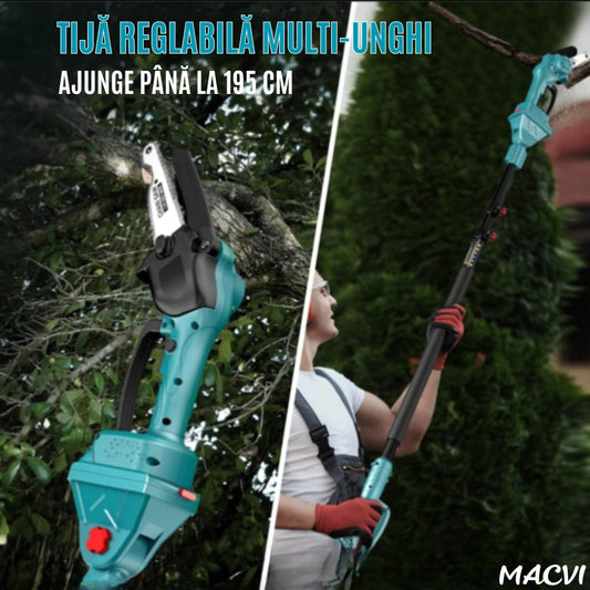 Set Macvi® Foarfeca Electrica si Drujba cu Brat Extensibil, Taiere Rapida si Usoara la Inaltime, Acumulator Inclus