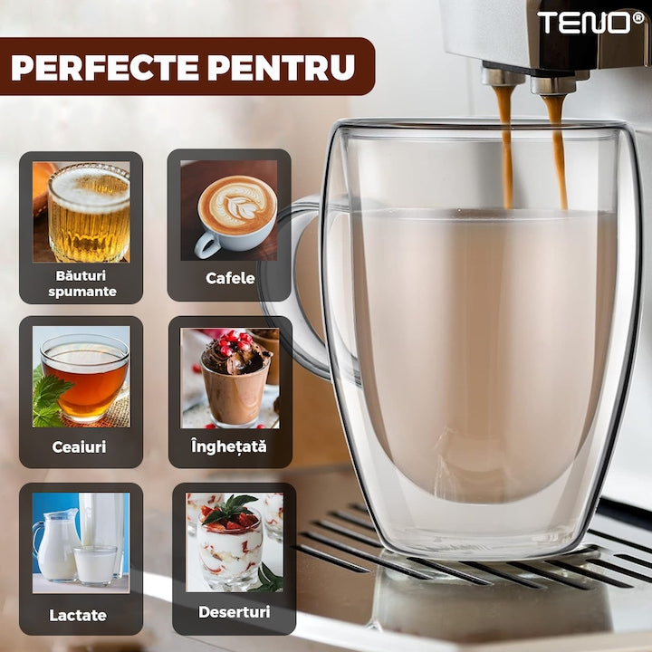 Set 4 Cani de Sticla cu Perete Dublu Teno®, model rotund, design modern, termorezistente, capacitate 350 ml, 12 x 9 cm
