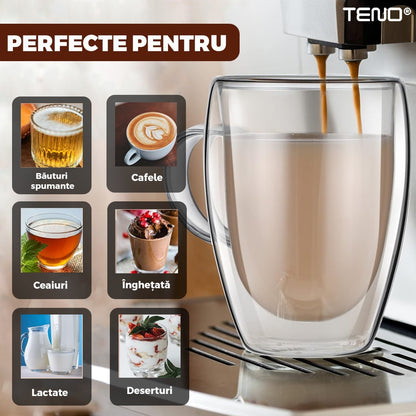 Set 2 Cani de Sticla cu Perete Dublu Teno®, model rotund, design modern, termorezistente, capacitate 350 ml, 12 x 9 cm