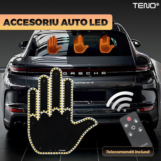 Semn LED Auto cu Telecomanda Teno®, design mana, 4 moduri de utilizare, efect vizual stralucitor, iluminare puternica, compatibilitate universala, negru/portocaliu