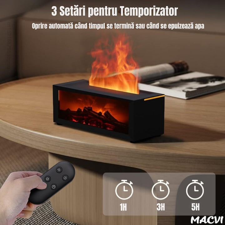 Umidificator de aer inteligent Macvi® 3D cu efect de flacara, aromaterapie, rezervor 200 ml, LED multicolor, silentios, portabil USB, cu telecomanda si 3 moduri de functionare