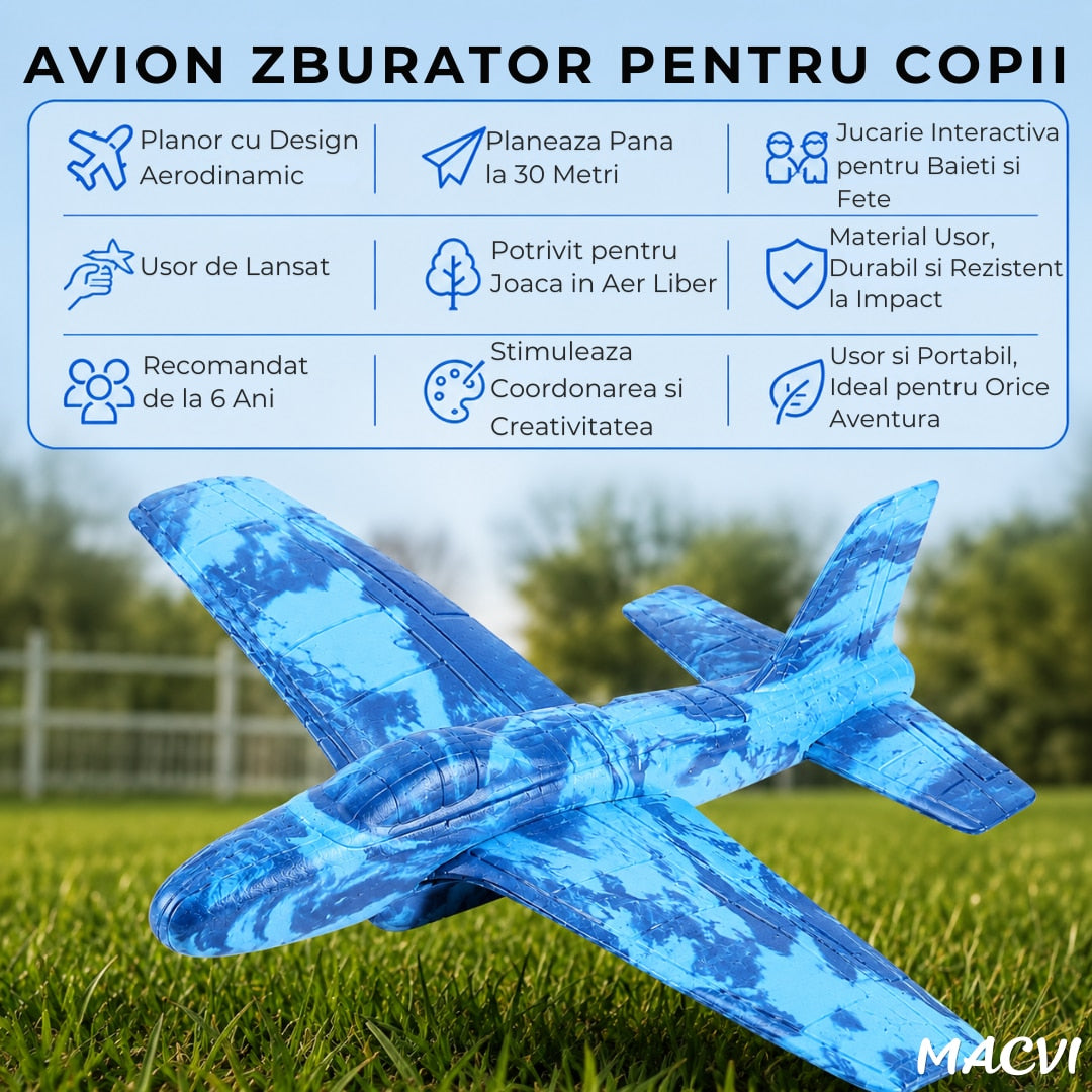 Avion zburator Macvi®, planor rezistent, zboara pana la 30m, Albastru, Material rezistent la impact si cazaturi, pentru copii 6+ ani