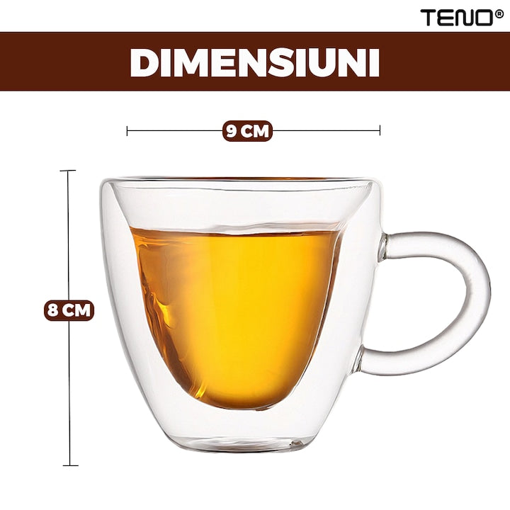 Set 2 Cani de Sticla cu Perete Dublu Teno®, model inimioara, design modern, termorezistente, capacitate 250 ml, 9 x 8 cm