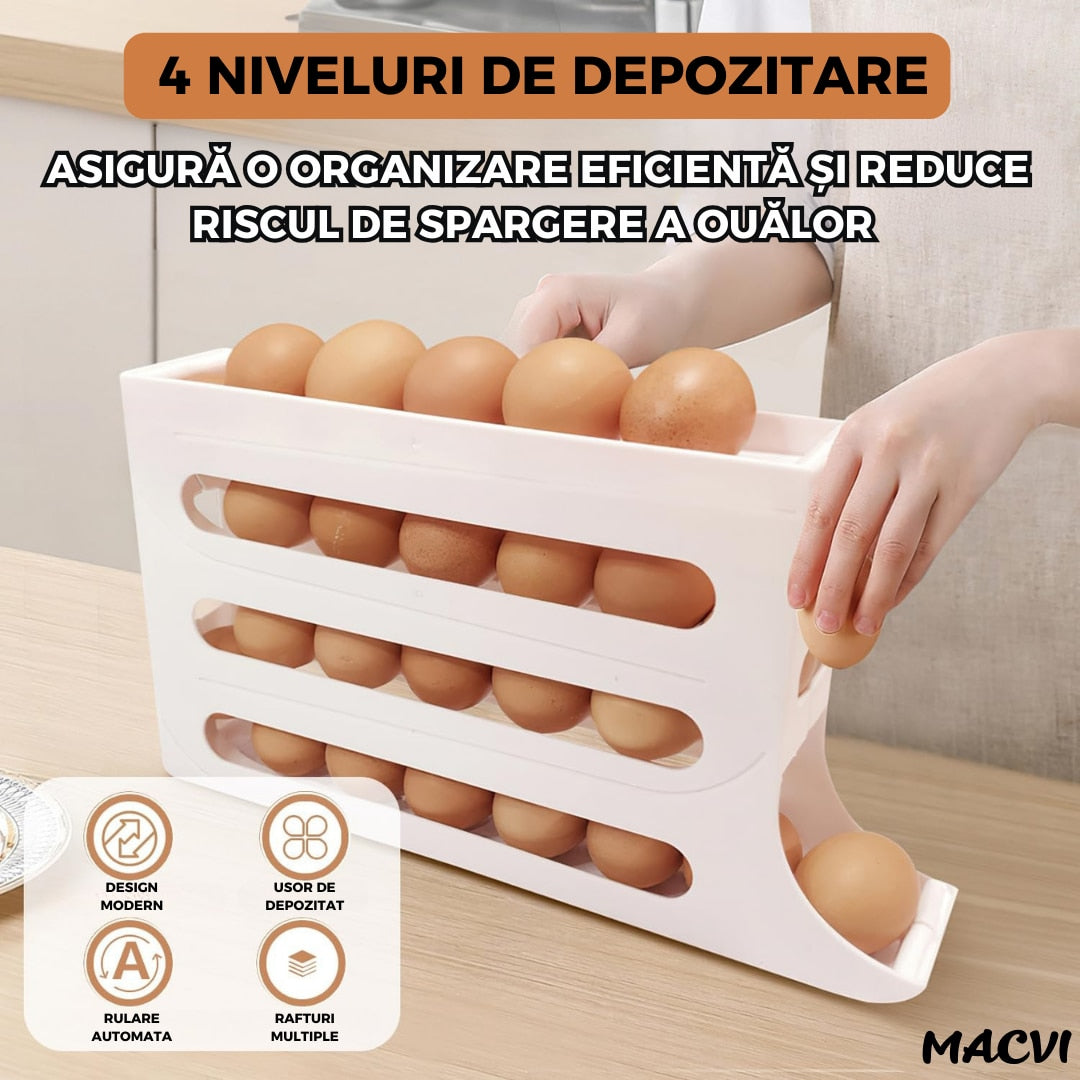 Suport organizator pentru oua Macvi®, 4 niveluri, rulare automata, 30 oua, 36x7x20 cm, alb, economisire inteligenta de spatiu in frigider