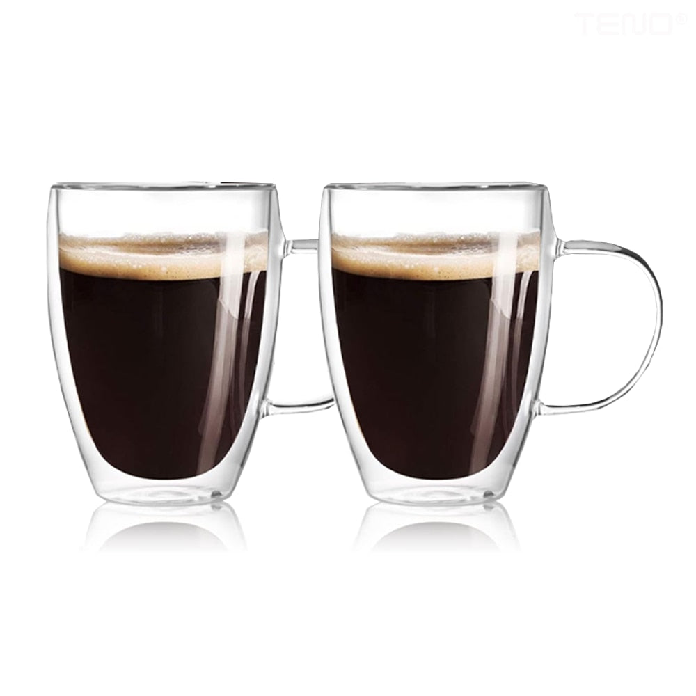 Set 2 Cani de Sticla cu Perete Dublu Teno®, model rotund, design modern, termorezistente, capacitate 350 ml, 12 x 9 cm