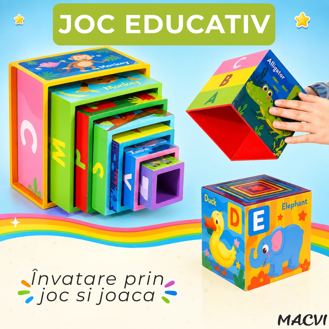 Turn Montessori cu 10 cuburi Macvi® joc educativ, creativ, invatarea alfabetului