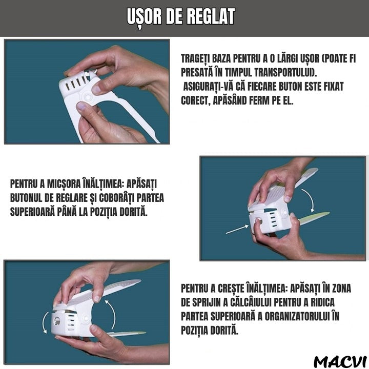 Set 10 Organizatoare pantofi reglabile Macvi®, suport bej pentru incaltaminte, dublare spatiu depozitare, design stabil si antialunecare