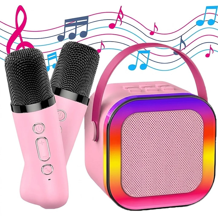 Boxa Portabila Teno®, karaoke, 2 microfoane, 4 porturi, wireless, RBG, Roz
