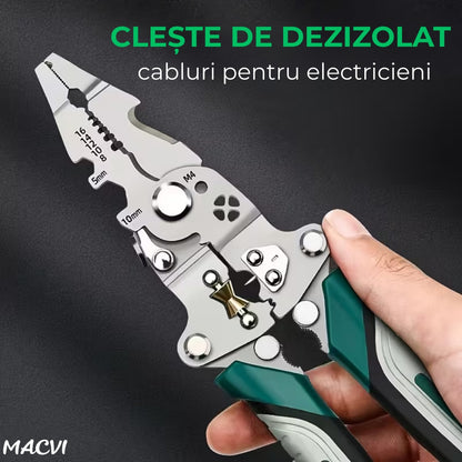 Patent multifunctional Macvi® 12-in-1 cu sertizor pentru cabluri cleste pliabil din otel pentru dezizolare, taiere si sertizare fire, design ergonomic pentru lucrari electrice