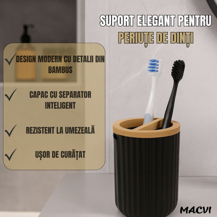 Set Baie Macvi® 6 Piese Negru Mat cu Accente de Lemn, Cos Gunoi, Perie WC, Dozator Sapun, Suport Periute, Pahar si Sapuniera