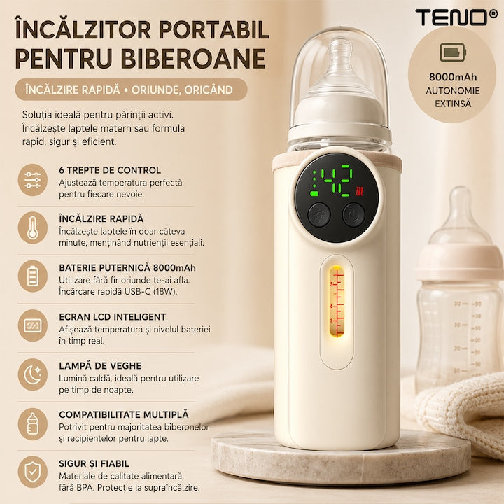 Incalzitor pentru Biberoane Teno®, portabil, 6 trepte de control, ecran LCD, lampa de veghe, compatibilitate multipla, 8000 mAh, crem