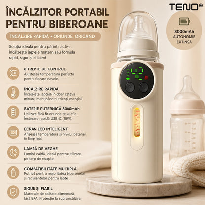 Incalzitor pentru Biberoane Teno®, portabil, 6 trepte de control, ecran LCD, lampa de veghe, compatibilitate multipla, 8000 mAh, crem