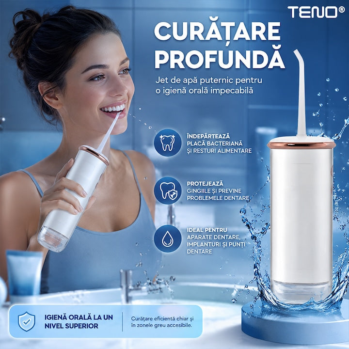 Irigator Bucal Portabil Teno®, compact, eficienta ridicata, jet cu presiune, anti-tartru, alb