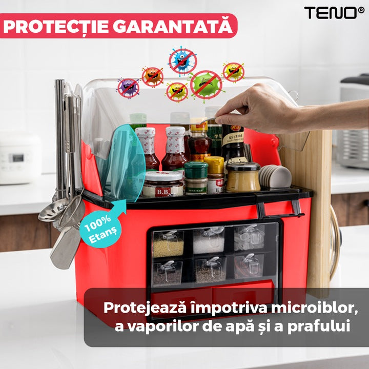 Organizator Multifunctional pentru Bucatarie Teno®, suport sticle, rafturi pentru condimente, cuier pentru ustensile, suport cutite, 46 x 26 x 43 cm, rosu