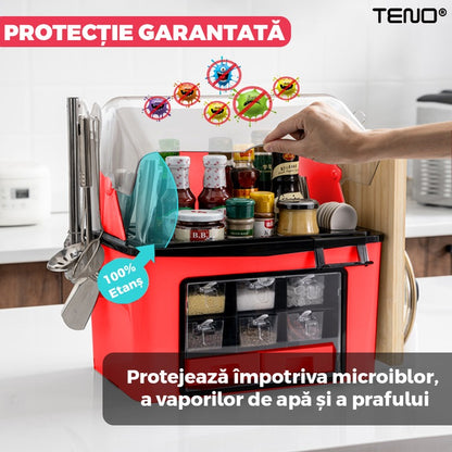 Organizator Multifunctional pentru Bucatarie Teno®, suport sticle, rafturi pentru condimente, cuier pentru ustensile, suport cutite, 46 x 26 x 43 cm, rosu