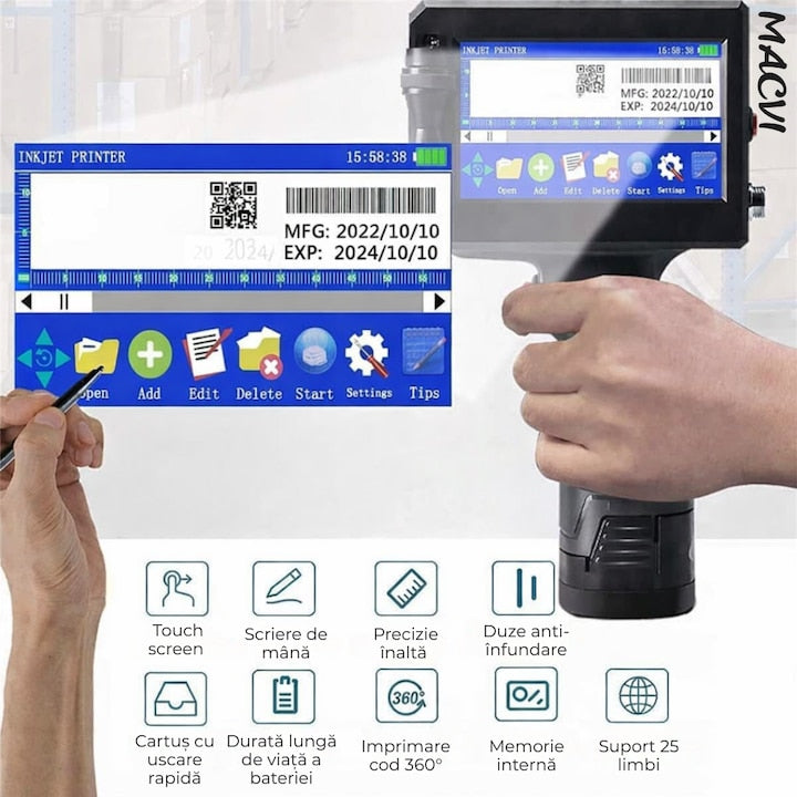 Imprimanta termica portabila Macvi®, wireless, 12.7 mm, cerneala HP originala, coduri QR, coduri de bare, date variabile, multifunctionala