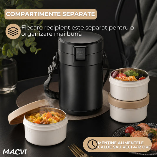 Caserola termica Macvi® 2.9L, Inox 304 alimentar, 4 compartimente separate, etansa, izolatie termica, mentine alimentele calde si reci 4-12 ore, fara BPA, pentru birou, scoala, picnic, camping, Negru