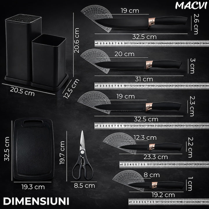 Set Ustensile Bucatarie Macvi® 19 Piese Silicon Termorezistent si Bambus, Cutite Inox, Suport Organizator Compact, Design Negru Elegant