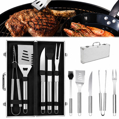 Set 5 ustensile gratar Macvi® din otel inoxidabil premium, geanta transport aluminiu captusita, accesorii pentru un gratar reusit