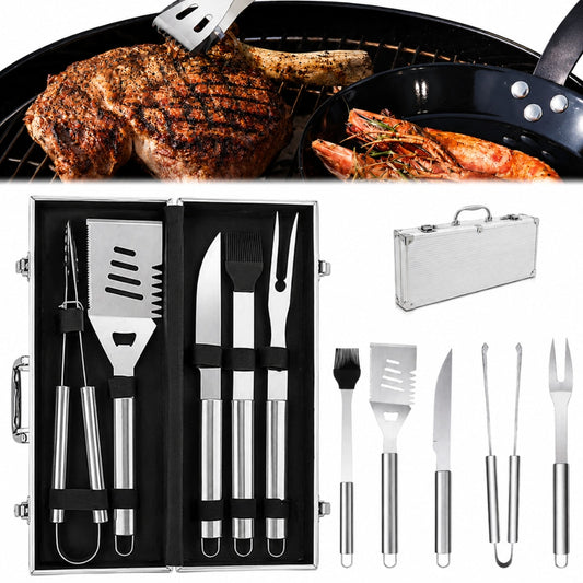 Set 5 ustensile gratar Macvi® din otel inoxidabil premium, geanta transport aluminiu captusita, accesorii pentru un gratar reusit