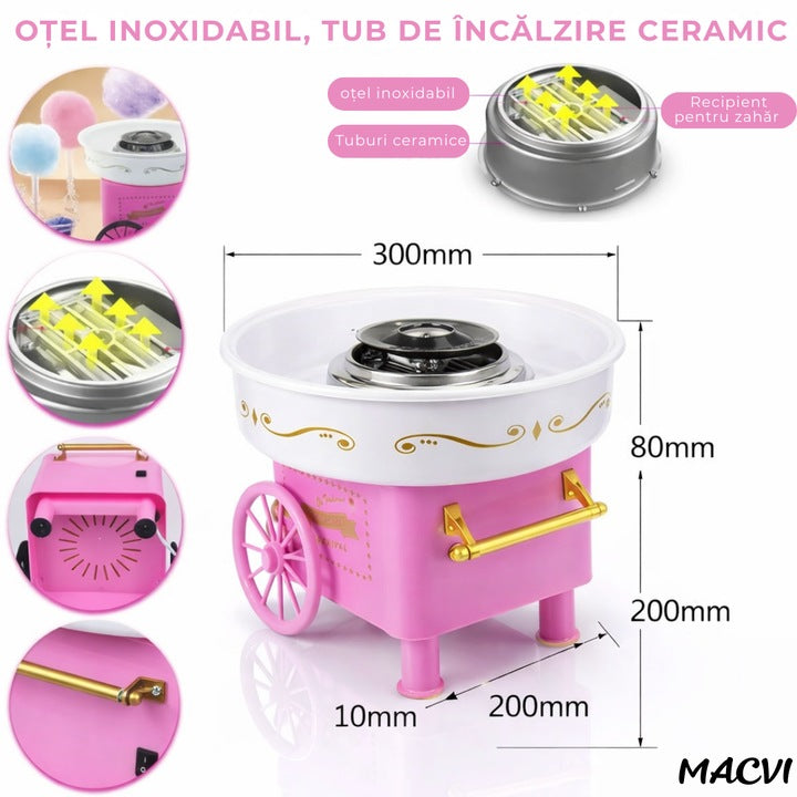 Aparat profesional de facut vata de zahar Macvi® 500W cu 210 bete incluse pentru uz casnic