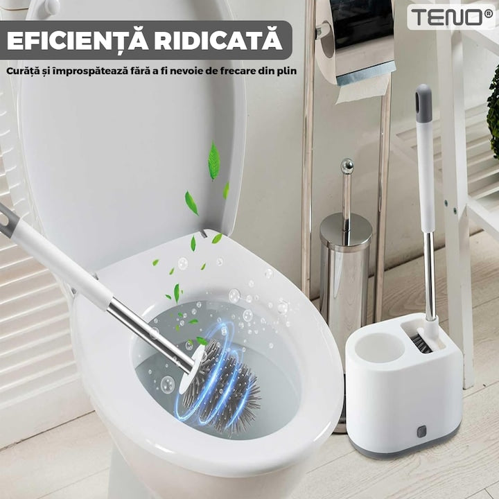 Set 2 Perii pentru Toaleta Teno ®, din silicon, perie zimtata, cap flexibil, suport adeziv pentru montarea pe perete, curata orice tip de suprafata, alb/gri