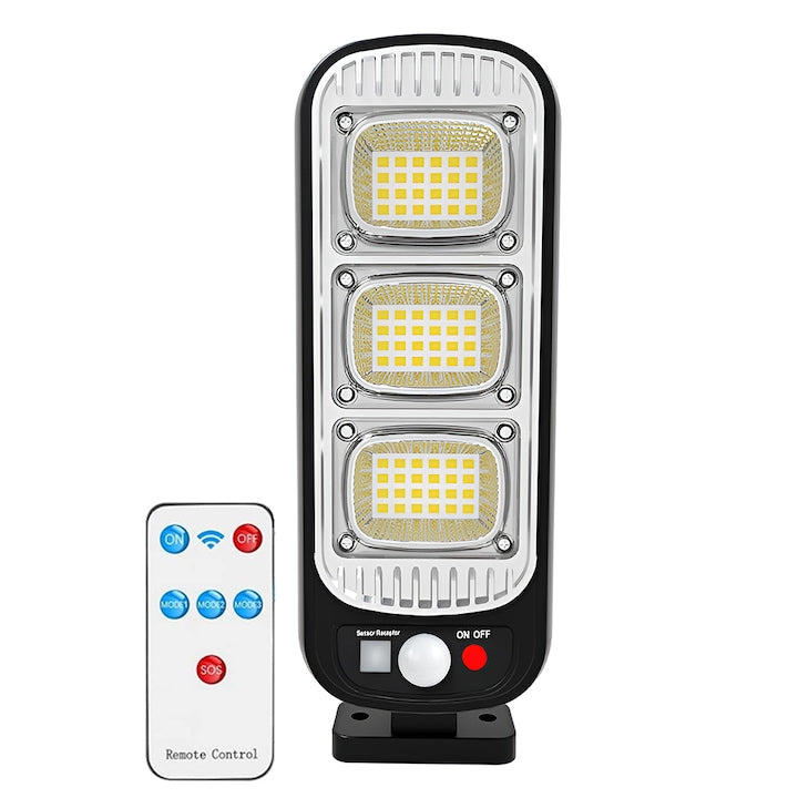 Lampa Solara Stradala 72 LED-uri Teno®, control prin telecomanda, senzor de miscare, 3 moduri de iluminare, protectie IP65, Waterproof, exterior, negru
