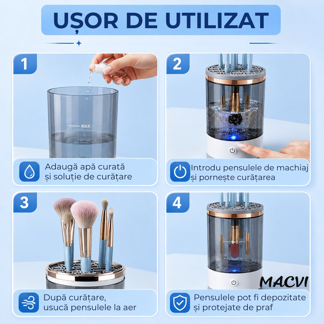 Dispozitiv automat de curatare pensule machiaj Macvi®, ultrasonic, 7000 RPM, incarcare USB, compact, ABS/PC, transparent