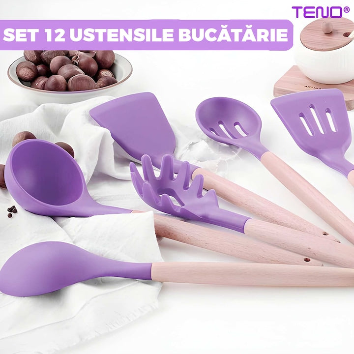 Set Ustensile Bucatarie 12 Piese Silicon Alimentar Teno®, termorezistente, antiaderente, sigure, suport inclus, mov