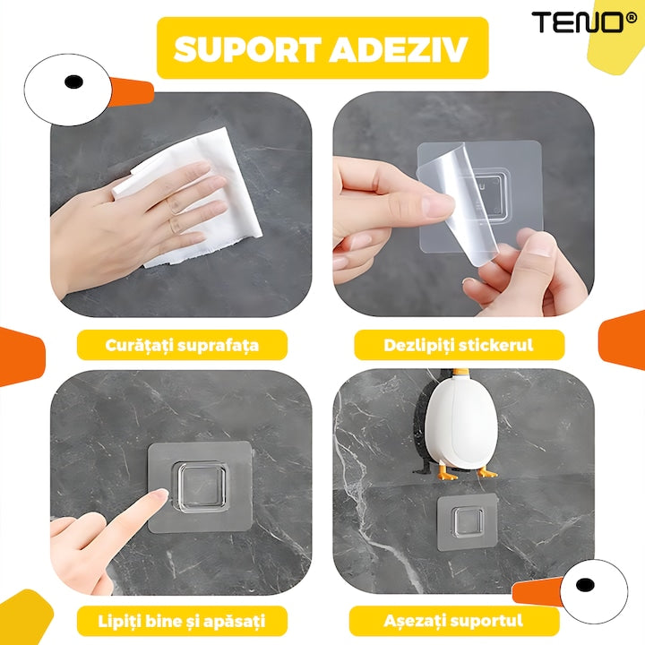 Perie pentru Toaleta Ratusca Teno®, din silicon, model adorabil, carcasa ou, suport adeziv montabil pe orice suprafata, 2 capete, capat cioc din silicon, capat cu peri pentru pete, galben