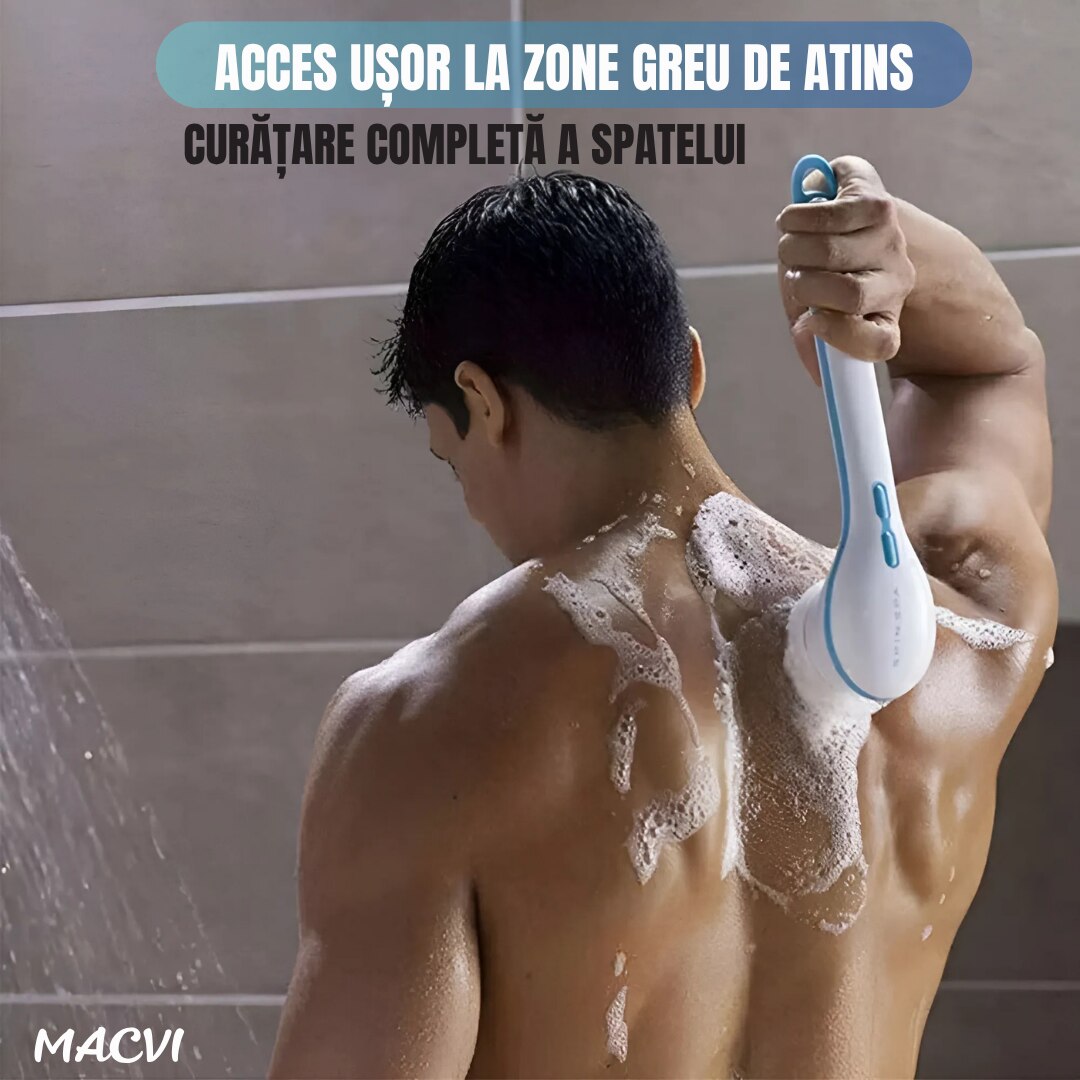 Perie baie rotativa Macvi®, electrica, pentru curatare, exfoliere si masaj, cu 5 capete interschimbabile si 2 trepte de viteza – o solutie completa pentru ingrijirea pielii si relaxarea zilnica
