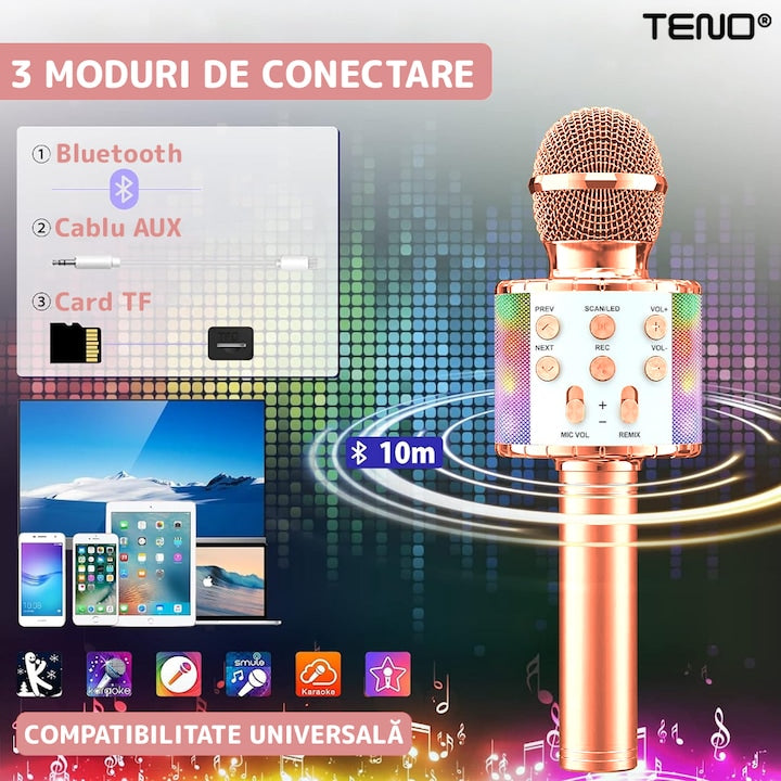 Microfon Karaoke Multifunctional pentru Copii, Teno®, boxa integrada, mod schimbare voce, stereo, slot card memorie/aux, lumini, rose gold