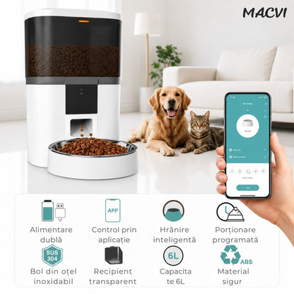 Dozator Automat Hrana Animale Macvi® 6L Conectare Baterii(neincluse) sau Priza, Control din Telefon, WiFi, Vas Inox, Programare Mese pentru Caini si Pisici
