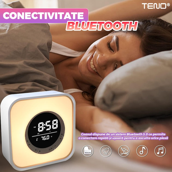 Ceas Desteptator Multifunctional Teno®, Bluetooth, functie de alarma, functie de radio, afisaj temperatura, lumini RGB, autonomie ridicata, patrat
