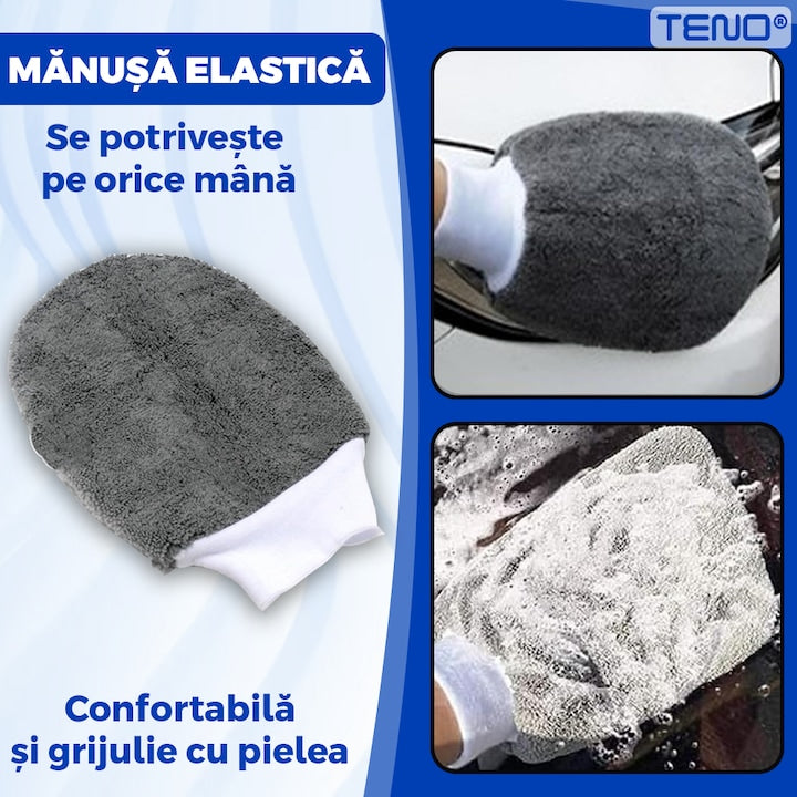 Kit pentru Curatare si Detailing Auto Teno®, interior/exterior, pamatuf, manusa, burete dublu, 3 lavete, 3 piese pentru lustruire, microfibra, gri