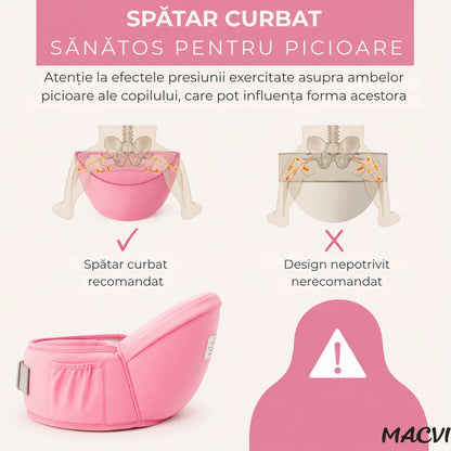 Suport port bebe Macvi® tip marsupiu, cu centura pentru talie, material bumbac premium, burete ergonomic, confortabil, 43 x 22 cm, roz