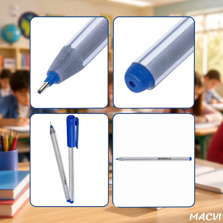 Set 12 pixuri MACVI cu capac triunghiular, albastru, 1.0 mm, design ergonomic, prindere confortabila