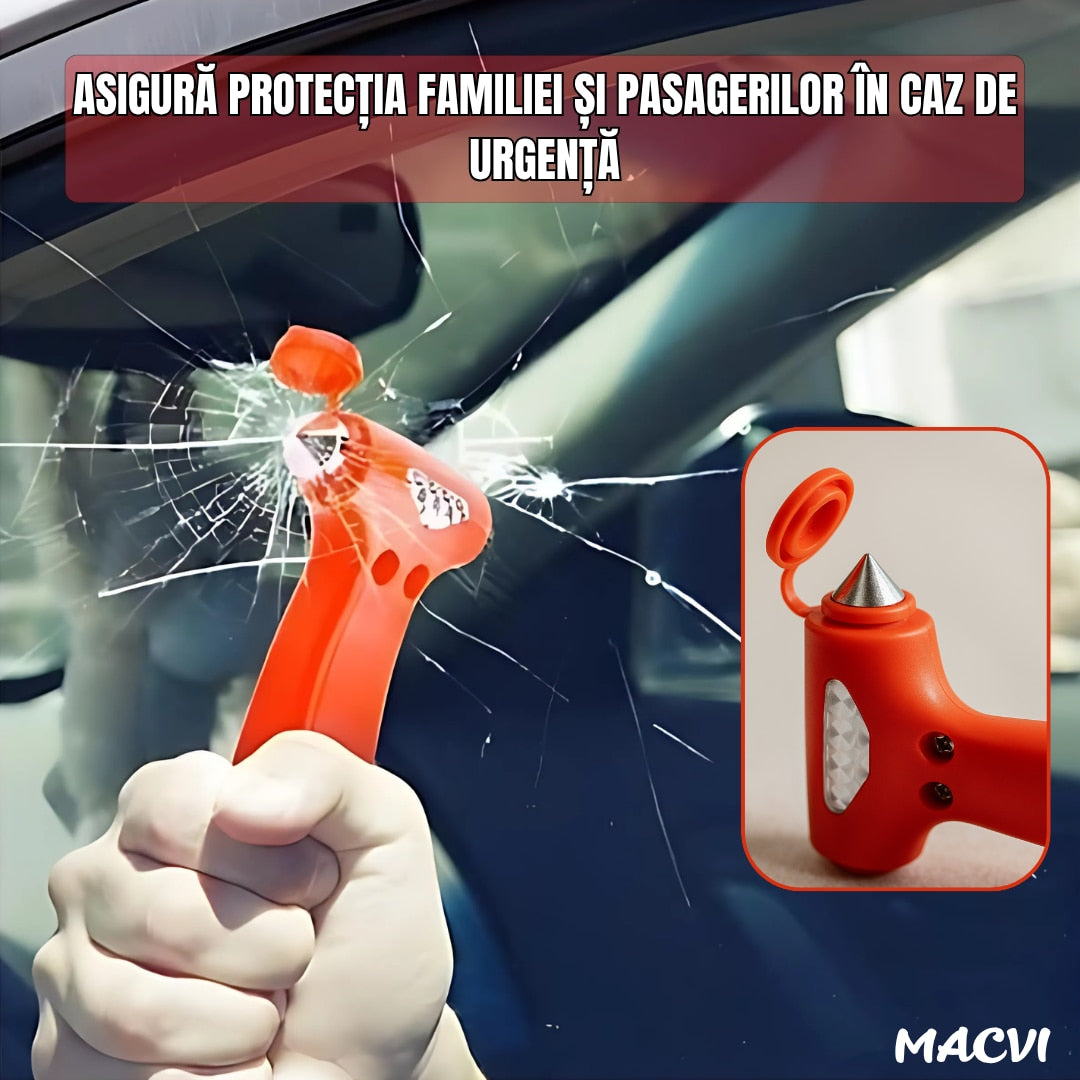 Ciocan de urgenta auto Macvi® 3 in 1, ABS rezistent, cu cutter pentru centura de siguranta si cap metalic pentru spart geamuri