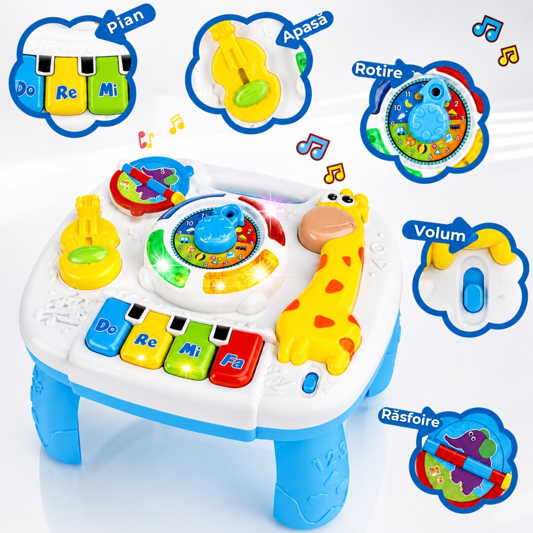 Masa Activitati Macvi® 2in1 bebelusi cu muzica, lumini si butoane educative, picioare detasabile