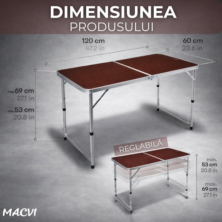 Masa pliabila camping Macvi® Meteor, aluminiu usor, blat MDF 120x60 cm, reglabila pe inaltime, portabila tip valiza