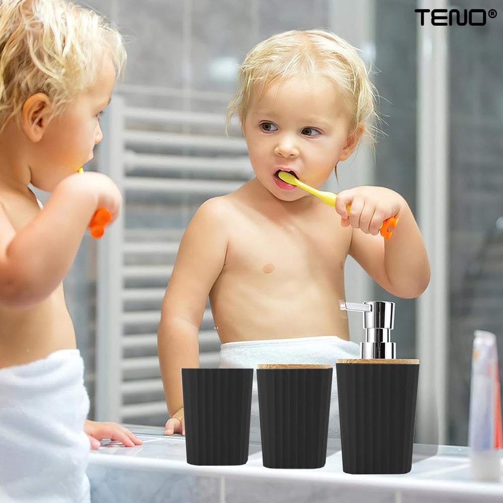 Set 5 Accesorii de Baie Teno®, dispenser de sapun, suport de periute, perie de toaleta, suport sapun, detalii din bambus, materiale rezistente, design minimalist, negru